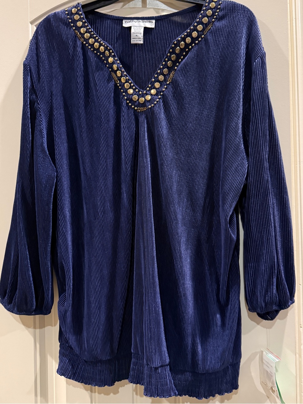 Cathy Daniels Navy Blue Studded Ribbed Textured Blouse Top Womens XL NWT